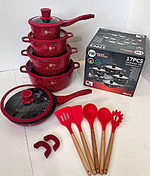 Набір кухонного посуду з гранітним покриттям антипригарним 17 предметів Higher Kitchen HK-316 червоний