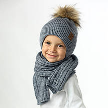 Сіра Дитячі в'язані шапки зима хлопчик з хутряним помпоном на зав'язках на 2 3 4 роки 5 років, фото 2