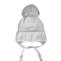 Светло-серая Зимняя детская шапка девочки из пушистой пряжи, Вязаная шапочка девочке на 2 3 роки