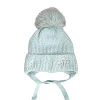 Зимова дитяча шапка дівчинки з пухнастої пряжі світла м'ята, в'язана шапочка на 2 3 роки