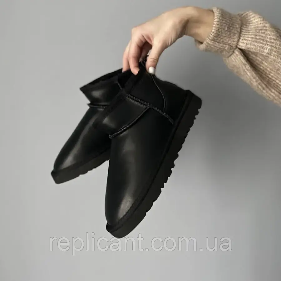 Черевики UGG Ultra Mini Black Leather уги зимові, фото 1