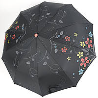 Зонтик женский полуавтомат (открытие), система антиветер, черный с цветочным принтом