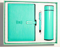 Подарунковий набір блокнот із зарядкою бездротовою Powerbank + термос + ручка Бірюзовий
