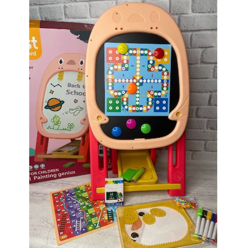 Двосторонній дитячий Мольберт Artist 050-36 для малювання і творчості 3 в 1 з настільними іграми (рожевий)., фото 1