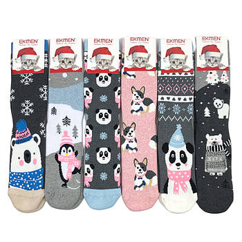 Новорічні жіночі махрові шкарпетки Ekmen Туреччина Панда в шапці