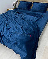 Велюровый Комплект постельного белья Моника евро размер Темно - синего цвета