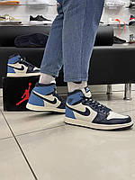 Чоловічі високі шкіряні кросівки Найк Air Jordan 1 Blue / White (ТОП качество)