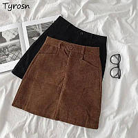 Женская короткая юбка мини микро-вельвет классическая стильная черный, коричневый