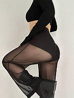 Черные женские эффектные расклешенные брюки-шорты из микродайвинга с сеткой на высокую посадку