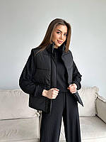 Стильная и модная женская жилетка стеганая безрукавка с воротником на кнопках весна-осень 42, 44, 46 Черный, 46
