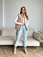 Стильная и модная женская жилетка стеганая безрукавка с воротником на кнопках весна-осень 42, 44, 46 Бежевый, 46