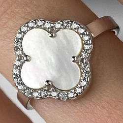 Срібна каблучка родована з каменем білим і фіанітами в формі конюшини (1,3 см) РН-564