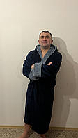 Халат махровый мужской длинный синий с серыми вставками, ХL
