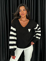 Тёплый стильный женский свитер в полоску с сердцем Машинная вязка (акрил+шерсть) Оверсайз 42-48 Цвета 3