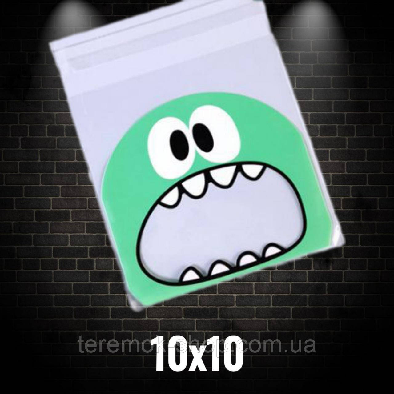 Пакети поліпропіленові зелений Слайм фасувальні прозорі фасувальні з липкою стрічкою подарункові 10 шт 10х10х3, фото 1