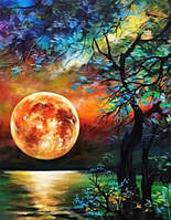 Алмазная мозаика вышивка Полная Луна Красная Луна море берег Ночь на подрамнике полная 40х50 см