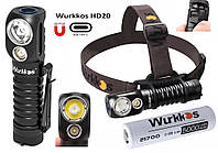 Налобный фонарь WURKKOS HD20 BLACK + 5000mAh Аккумулятор (2000LM, USB Type-C, Магнит, NW, 21700, PowerBank)