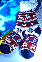Женские красивые вязаные зимние носки - тапочки утепленные со стоппером "Christmas Reindee" яркие размер 36-41
