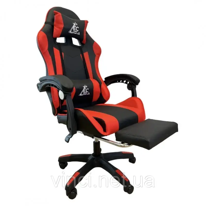 Компютерне крісло EC GAMING KO24CZE ЧОРНО-ЧЕРВОНЕ Геймерське крісло з підніжкою і 2 подушками до 150кг, фото 1