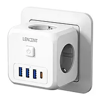 LENCENT Мережевий фільтр 3 розеток 3 USB, 1 TYPE-C. Швидке заряджання.