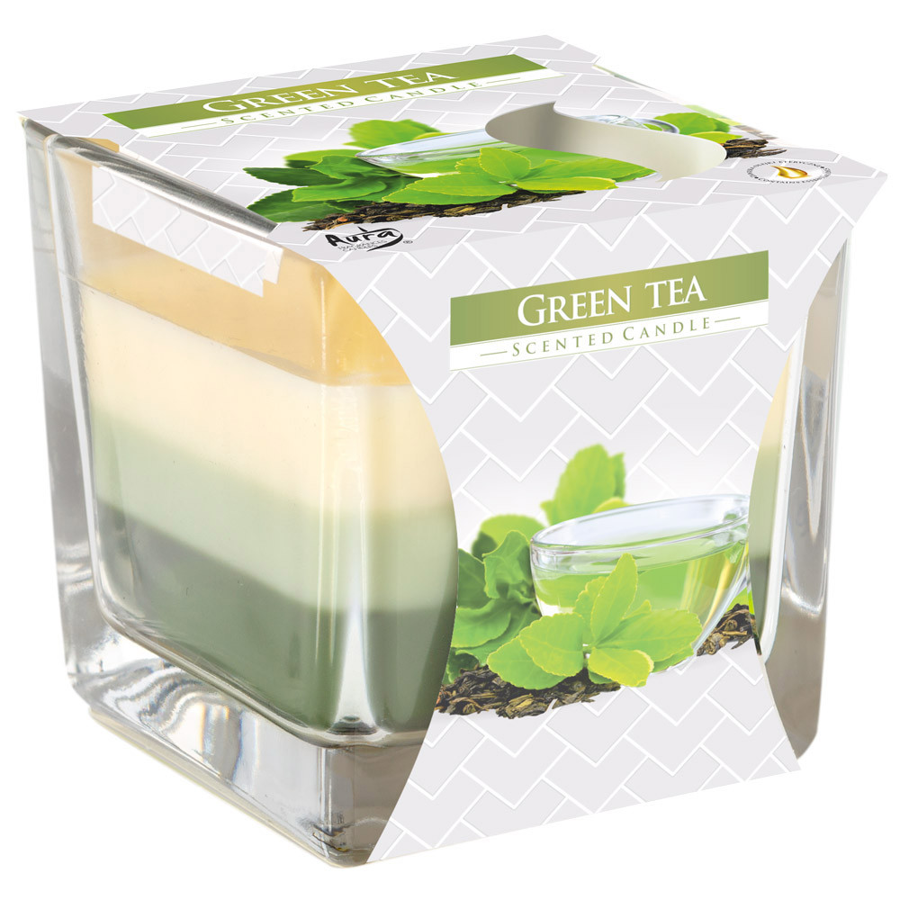 Свічка ароматична триколірна у склі "Зелений чай" Bispol