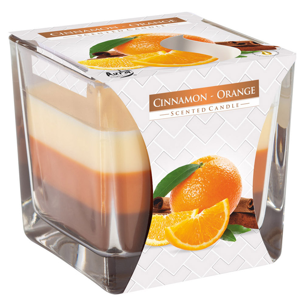 Свічка ароматична триколірна у склі "Кориця-апельсин" Bispol