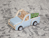 Дерев'яний Новорічний Ретро пікап блакитний з ялинкою, дерев'яна машинка іграшка