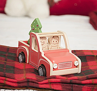 Дерев'яний Новорічний Ретро пікап червоний з ялинкою, дерев'яна машинка іграшка