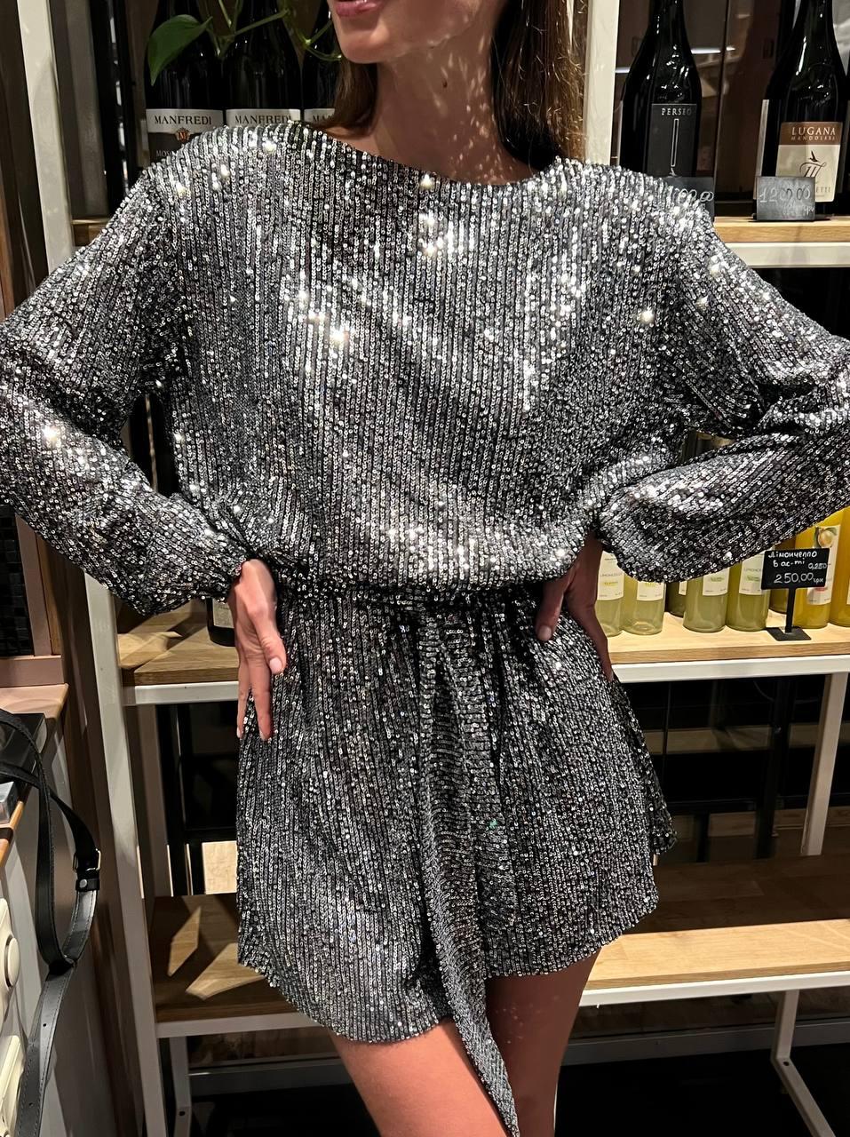 Блискуча міні сукня прямого крою з поясом у комплекті Smld8861