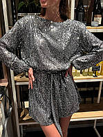 Блестящее мини платье прямого кроя с поясом в комплекте Smld8861