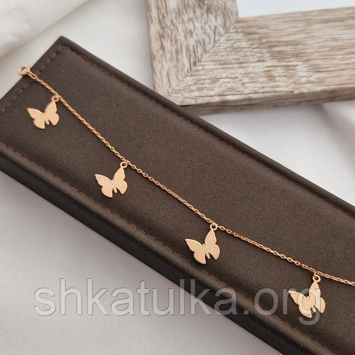 Браслет на ногу срібний з позолотою ланцюжок з підвісками метеликами