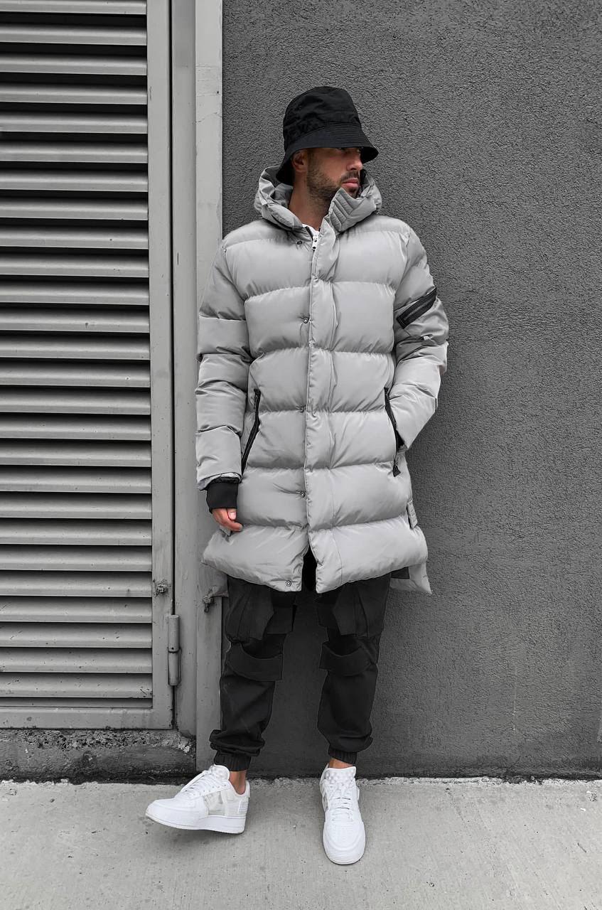 Мужская Удлиненная Зимняя Куртка Серая