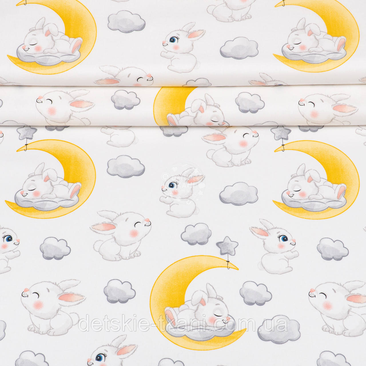 Ранфорс шириною 240 см "Зайчики на жовтому місяці" на білому фоні, №4895, фото 1