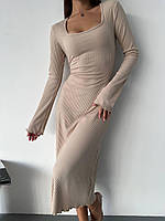 Женское приталенное платье миди с повязкой, сзади шнуровка, бежевое