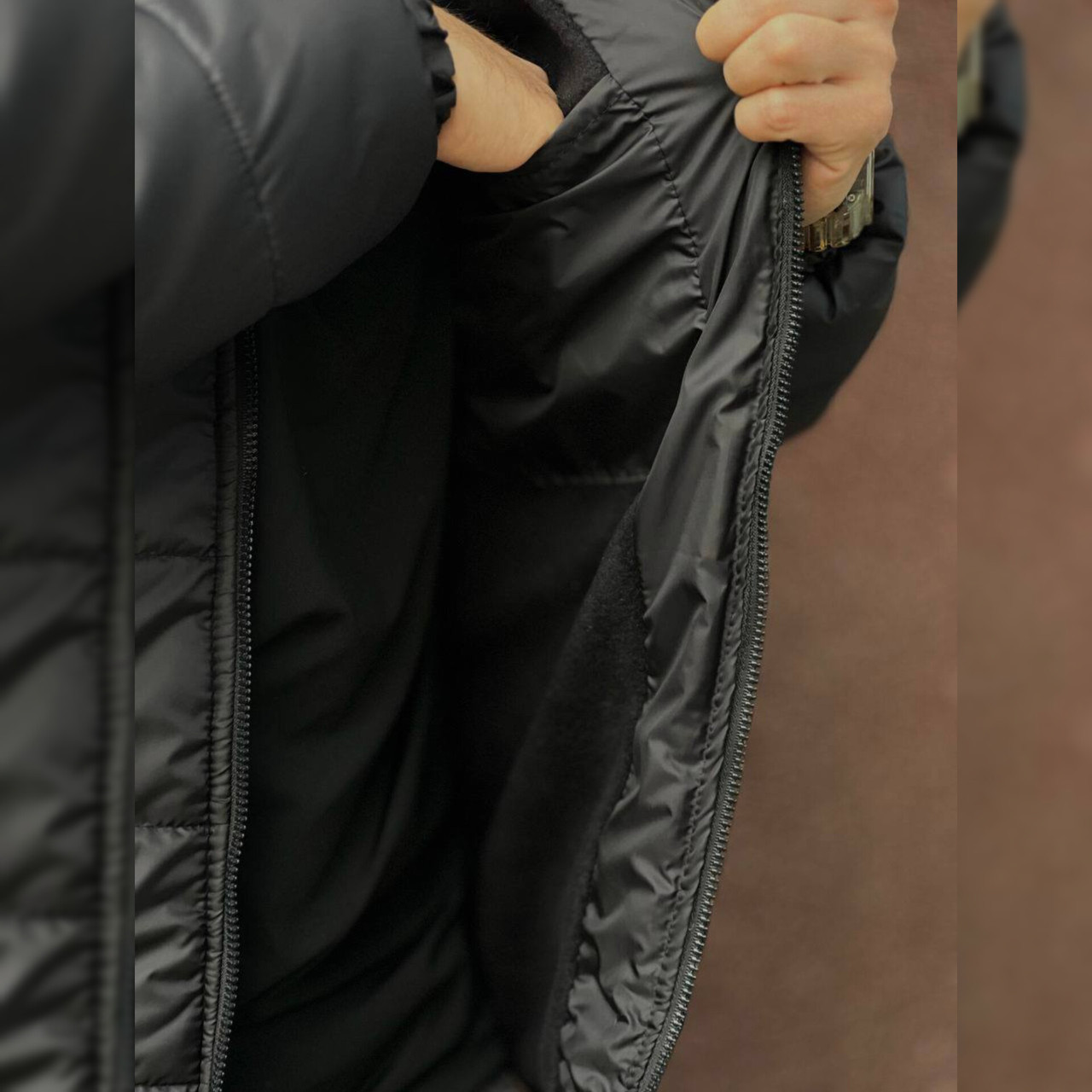 Куртка зимняя мужская теплая на флисе с капюшоном, черная наполнитель premium силикон - фото 7 - id-p594849410