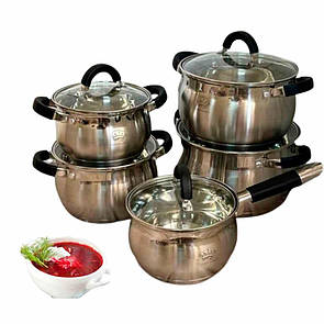 Набір кастрюль з нержавіючої сталі German Family GF-2046 Кухонний посуд з багатошаровим індукц. дном 10 предметів