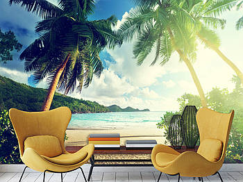 Фотошпалери для дому стильні пейзаж "Пальми, пляж" , самоклеюча плівка Oracal з малюнком