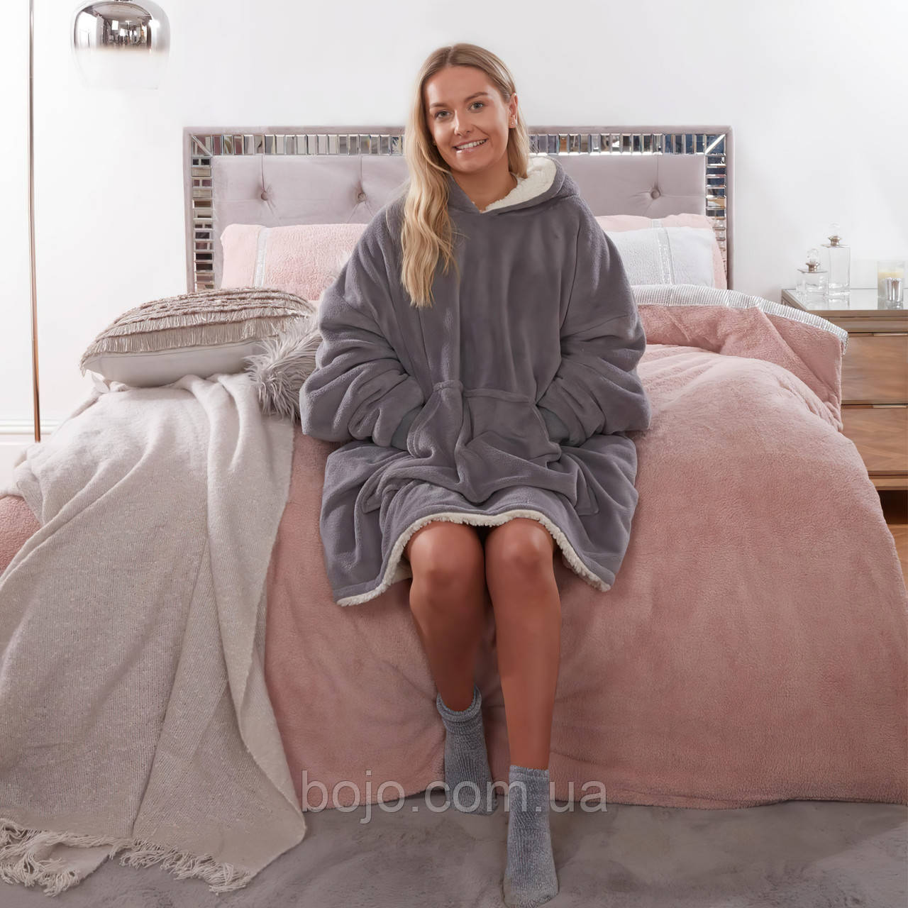 Толстовка плед з капюшоном HUGGLE HOODIE BLANKET велике тепле худі для дому сірого кольору (HA-402)
