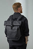 Чорний шкіряний рюкзак роллтоп, міський, місткий чоловічий портфель