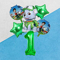Шары воздушные фольгированные Щенячий патруль Рокки, набор шаров с цифрой 1 зеленой 6 шт