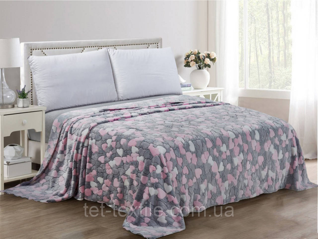 Плед з мікрофібри Велсофт Сердечки сіро-рожеві 200х220 см