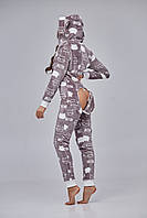 Тепла жіноча піжама з кишенею на попі та капюшоном SweetJama Frozy Meow коричнева