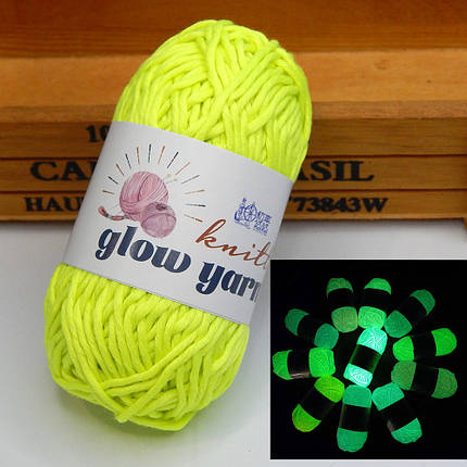 Пряжа флуоресцентна, що світиться у темряві GlowYarn 50 гр, 2 мм, 70 м, кислотний салатовий, фото 1