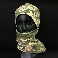 Комплект шапка и бафф флисовая тактическая мужская женская зимняя с гербом Украины Zepma Пиксель (шапкабаф1)