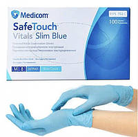 Перчатки нитриловые неопудренные Medicom SafeTouch Vitals Slim Blue 3 размер М 100 шт/уп голубые