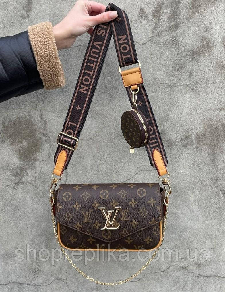 Модна сумка з широким ременем через плече коричневий монограм Louis Vuitton Pochette Leather Brown