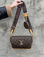 Модна сумка з широким ременем через плече коричневий монограм Louis Vuitton Pochette Leather Brown