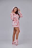 Махровий жіночий халат SweetJama короткий Малинові ведмедики