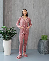 Женский велюровый пижамный комплект, домашний костюм на пуговицах, пижама велюр розовая пудра