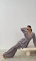 Женская теплая,зимняя,классическая пижама( халат + брюки)Домашний однотонный велюровый костюм 2-ка на меху. Фрез, 42/44, S/M